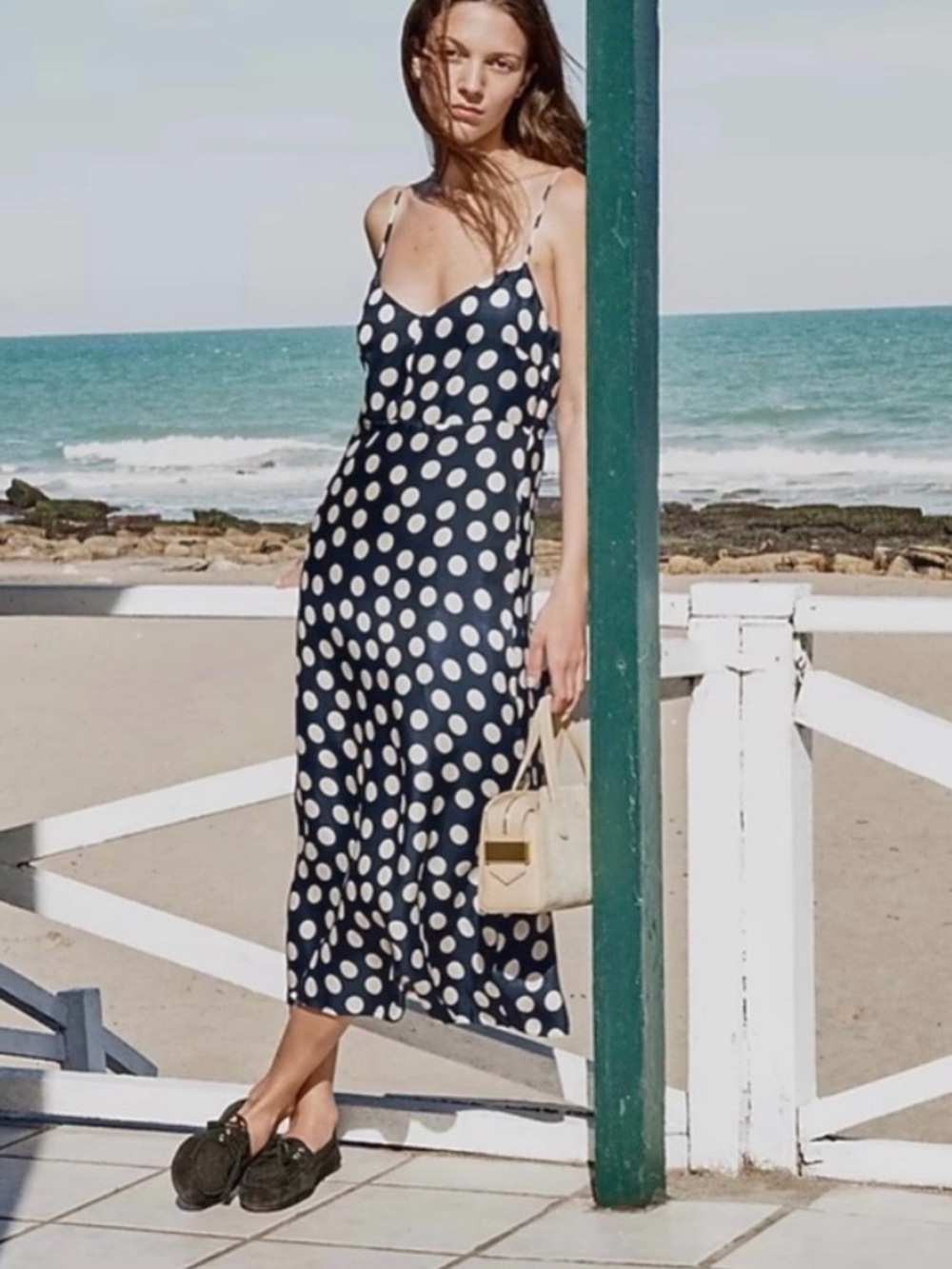 ISO - J. Crew Navy and White Polka Dot Slip Midi Dress